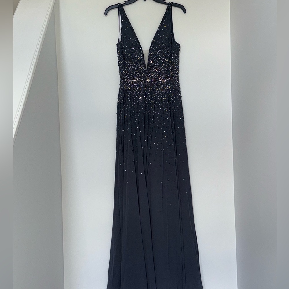 Jovani gray Embellished Deep V Evening Gown